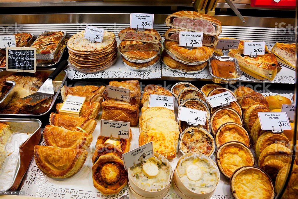 Baked meat pastries at Les Halles Market, Dijon, France