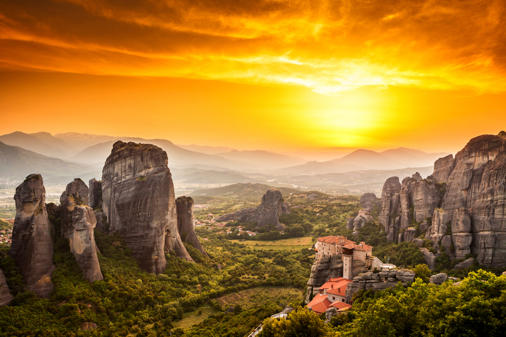 Meteora Roussanou Monastery at sunset, Greece