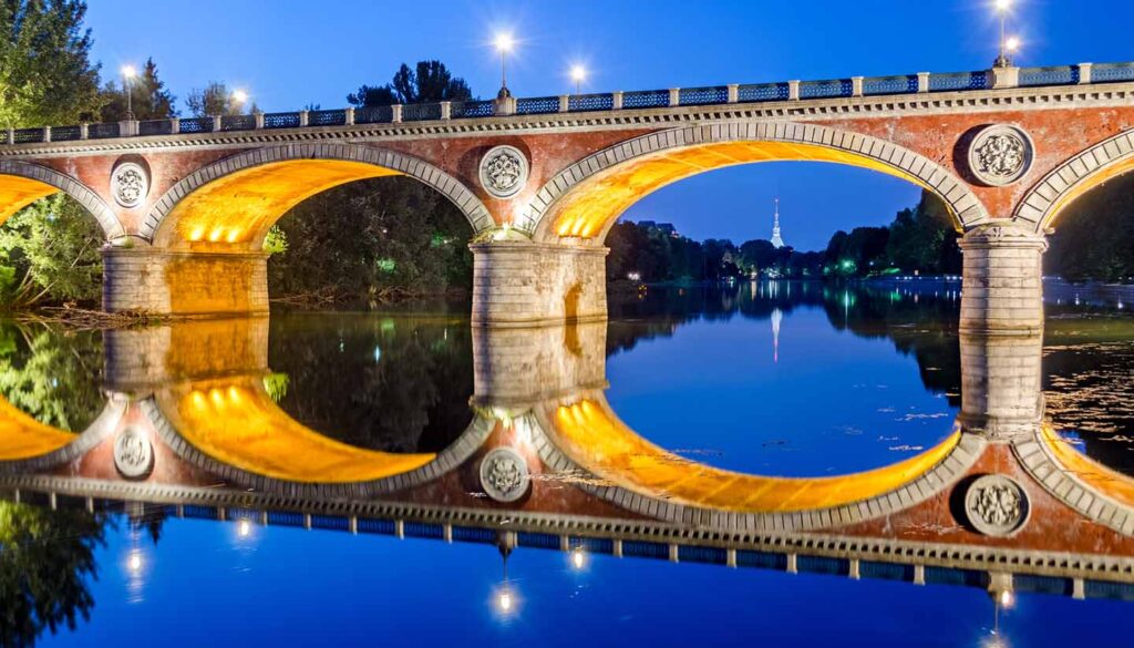 Turin (Torino), Ponte Isabella and river Po at blue hour