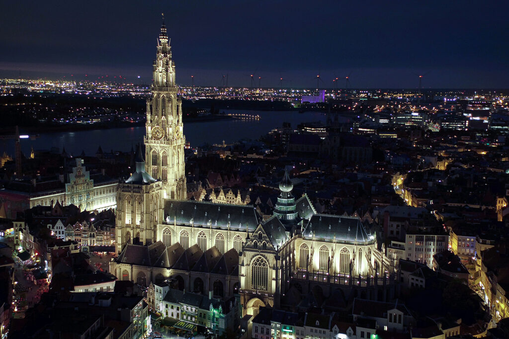 Aerial view from above the Groenplaats, Cathedral of Our Lady, Antwerp, Belgium