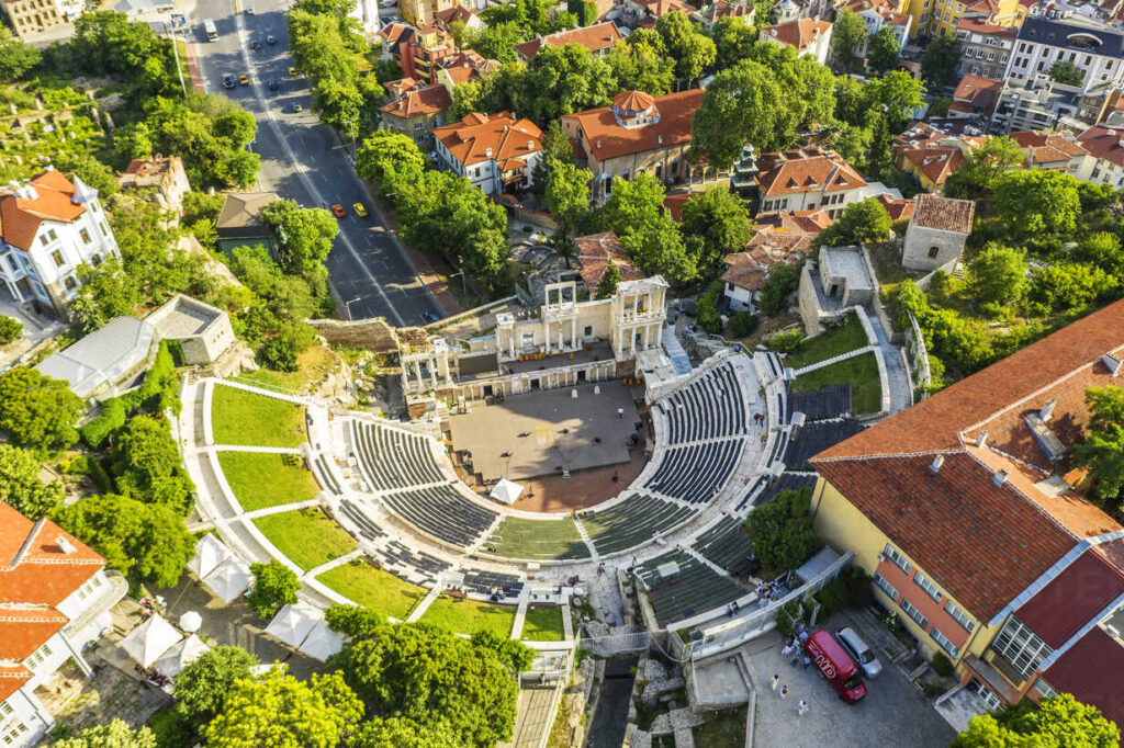 Europe, Bulgaria, Plovdiv, aerial view of Roman arena (drone)