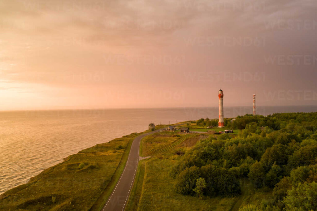 Aerial view of Pakri lighthouse on Pakri peninsula at sunset in Estonia
