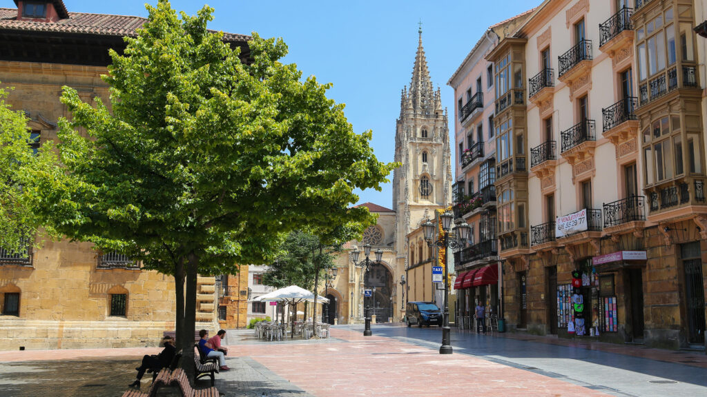 OVIEDO, SPAIN - JULY 17, 2014: Central square and Cathedral of San Salvador in the center of Oviedo, Asturias, Spain.